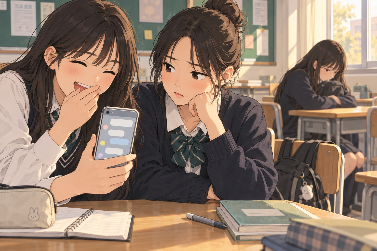 친구를 놀리는 단체방을 보며 고민하는 학생과 혼자 앉아 있는 친구의 가상 상황